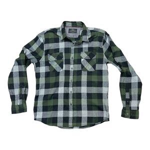 MBX Green Black Flannel Button Down Shirt Size Large Collar EUC Skater Grunge